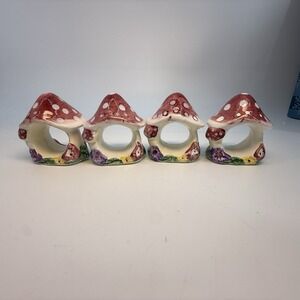 Vintage Mushroom Napkin Rings HTF Mid Century Modern Table Decor Cute 4 Pieces
